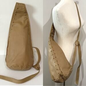 Patti Hansen for HUNG ON U Tan Leather Bronze Studded Cross Body Sling Bag Cross